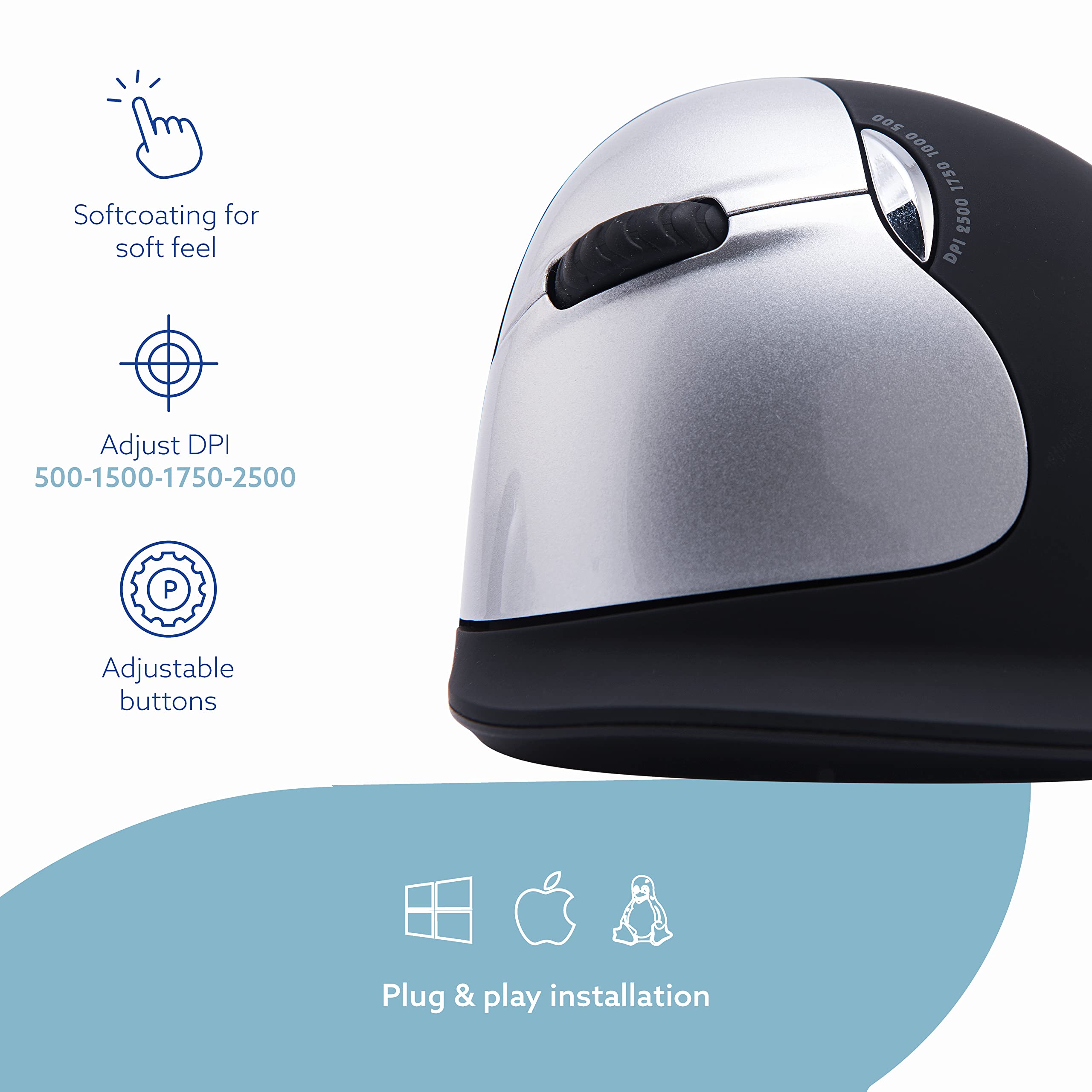 R Go He Vertical Ergonomic Mouse Wireless, Large Left Hand, 1750 Dpi, 5 Buttons, Prevents Tennis Elbow/Mouse Arm Rsi  Compatible